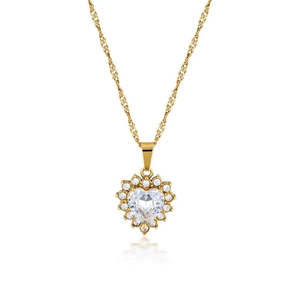 18K Gold Plated White Cubic Zirconia Heart Pendant Necklace